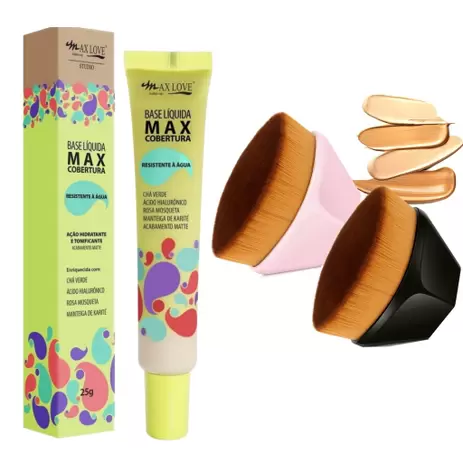 Max Love - Base Alta Cobertura Matte Rosto Liquida Resistente a Agua+ Pincel Maquiagem Magico TikTok